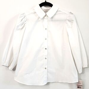 Nanette Lepore White 3/4 Puff Sleeve Oxford Shirt Button-Up Collared Blouse
